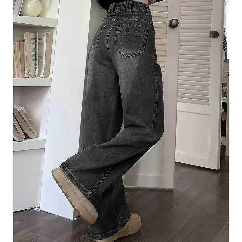 Female High Waist Streetwear Designer Wide Leg  Classic Gray Goth Straight Leg Pants