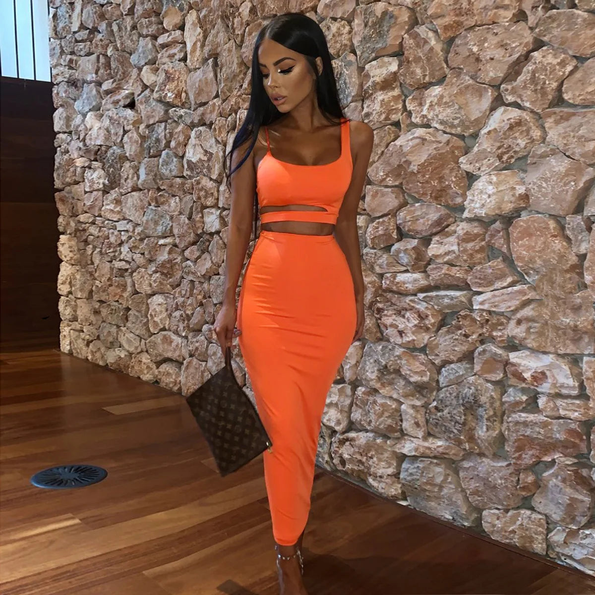 Female Clothing Sexy Pleated Hollowout Two-piece Dress