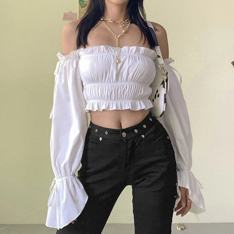 Long Sleeve White Blouses Women Short Slim Ruffles