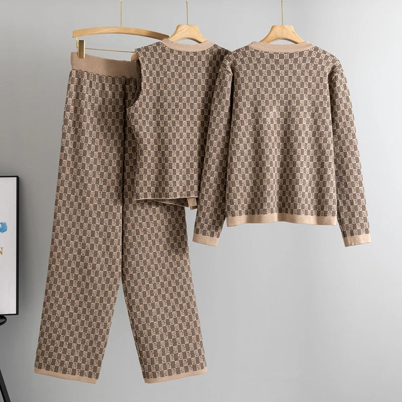 Knited 3 Piece Sets Elegant Women Long Sleeve Sweater Coat