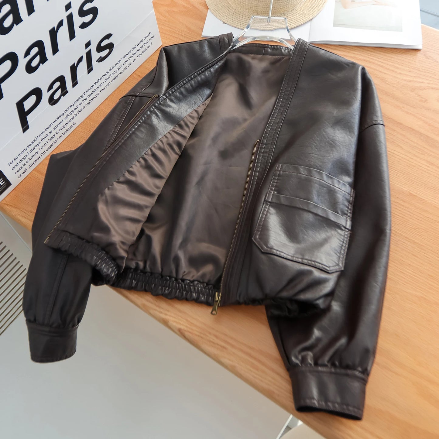 Women’s PU Leather Bomber Jacket — Elastic Hem Faux‑Leather