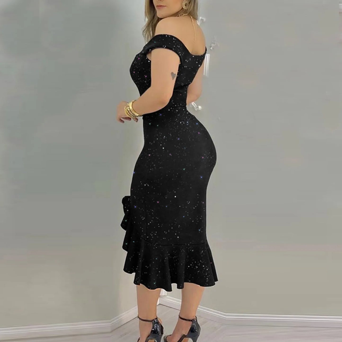 Off Shoulder Sequin Ruffle Irregular Dress