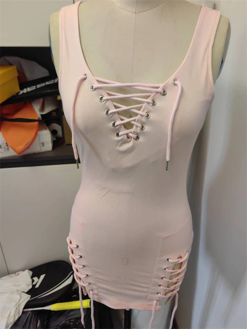 Solid Color Deep V-neck Sexy Slim Fit Lace Up Sleeveless Mini Dress