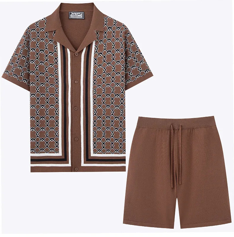 High-quality Jacquard Knitted Suits for Men Collar Knitted Shorts Sets