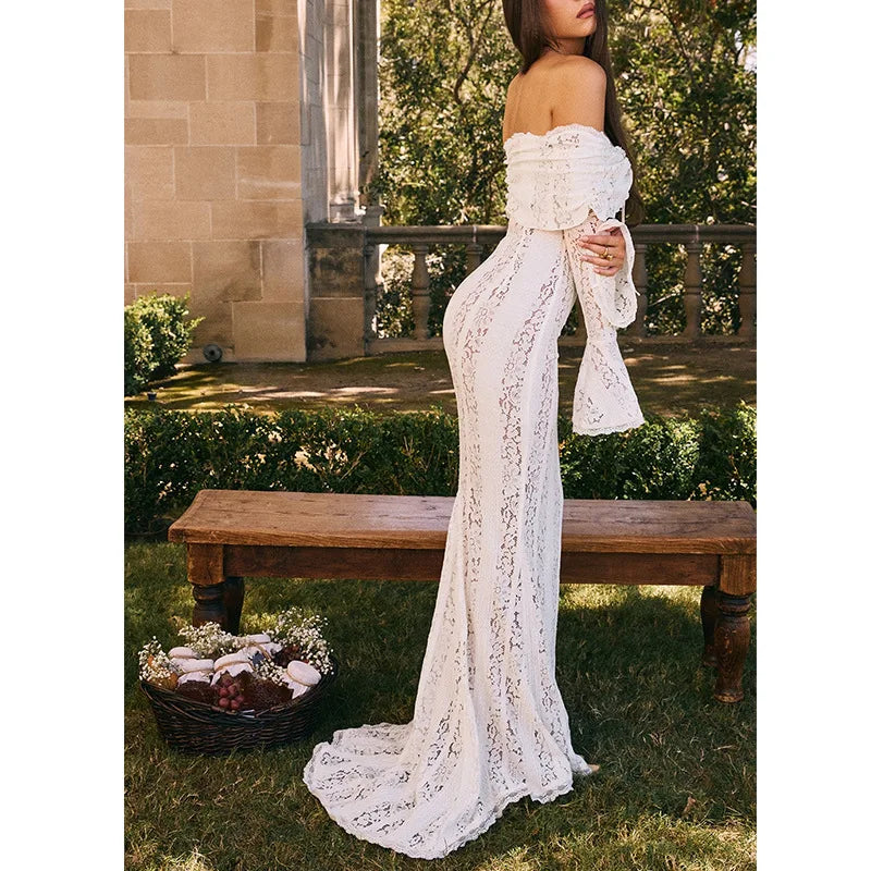 Sexy One-word Shoulder Lace Temperament Tube Top Long Dress