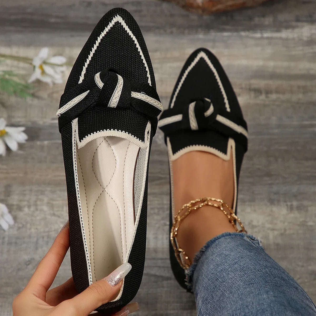 Women Flats 2024 New Knitted Slip Breathable Comfortable Solid Color Shoes