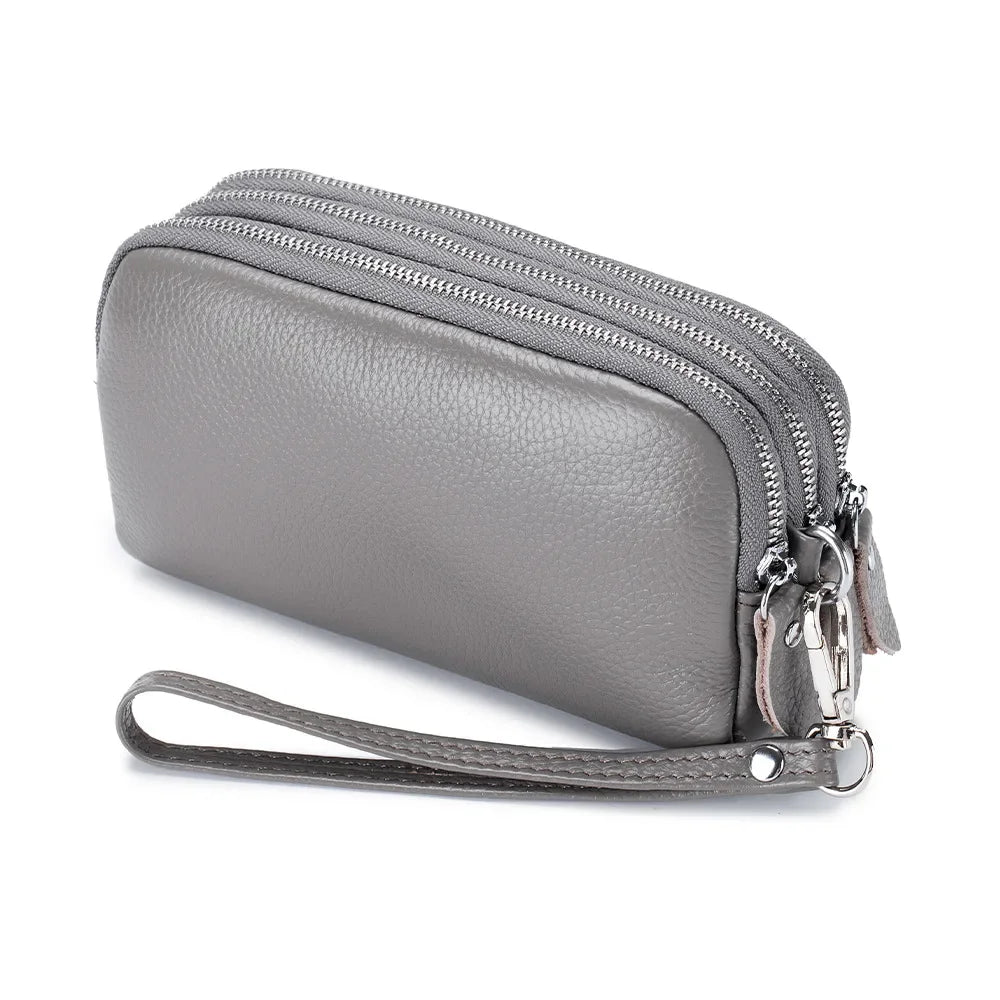 Women Long Wallet Genuine Leather 3-Layer Zipper Purse Bag