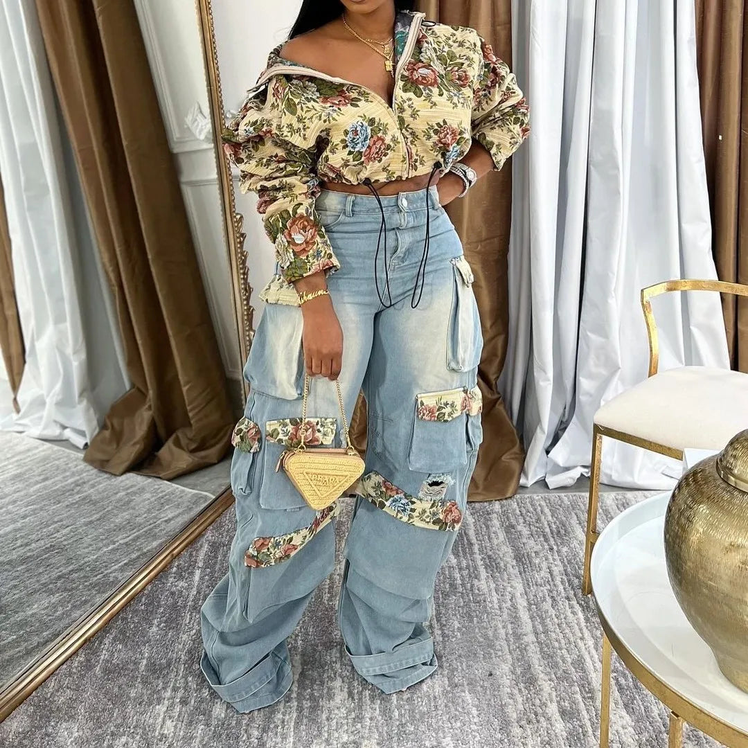 Women Pant Sets Print Matching Sets High Waist Straight Jeans Tracksuit