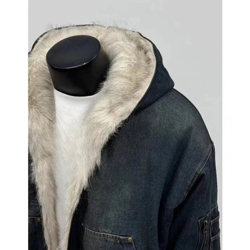 Mens Jacket Harajuku Hooded Denim Cotton