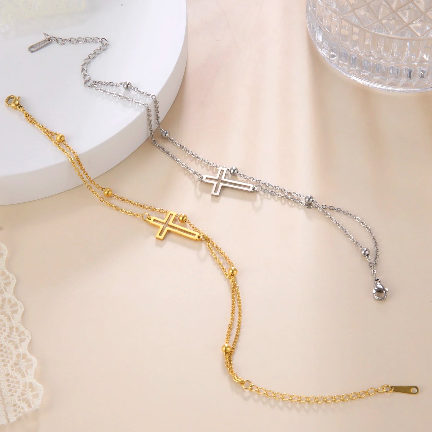 Cross Pendant Bracelets Stainless Steel Double Layer Chain
