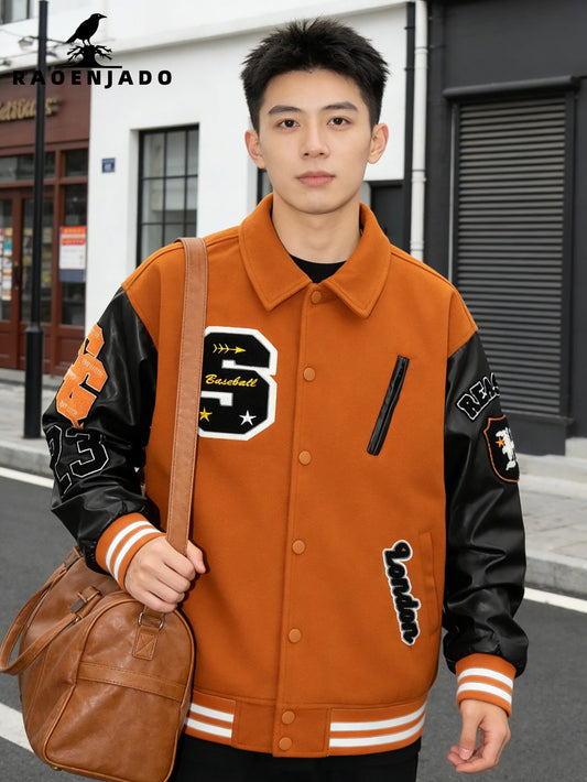 Men's Varsity Jacket Faux Leather Sleeve Vintage Motorcycle Coat Bomber