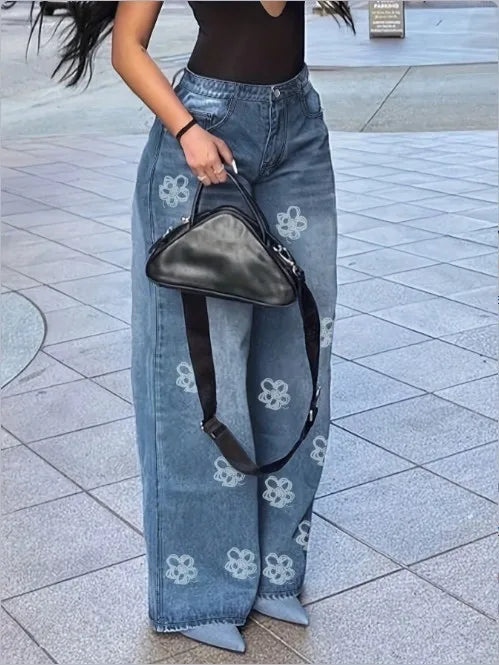 Women's Jeans   Floral Print High Waist Pocket Design Loose Jeans