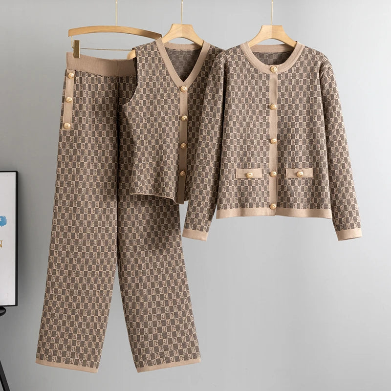 Knited 3 Piece Sets Elegant Women Long Sleeve Sweater Coat