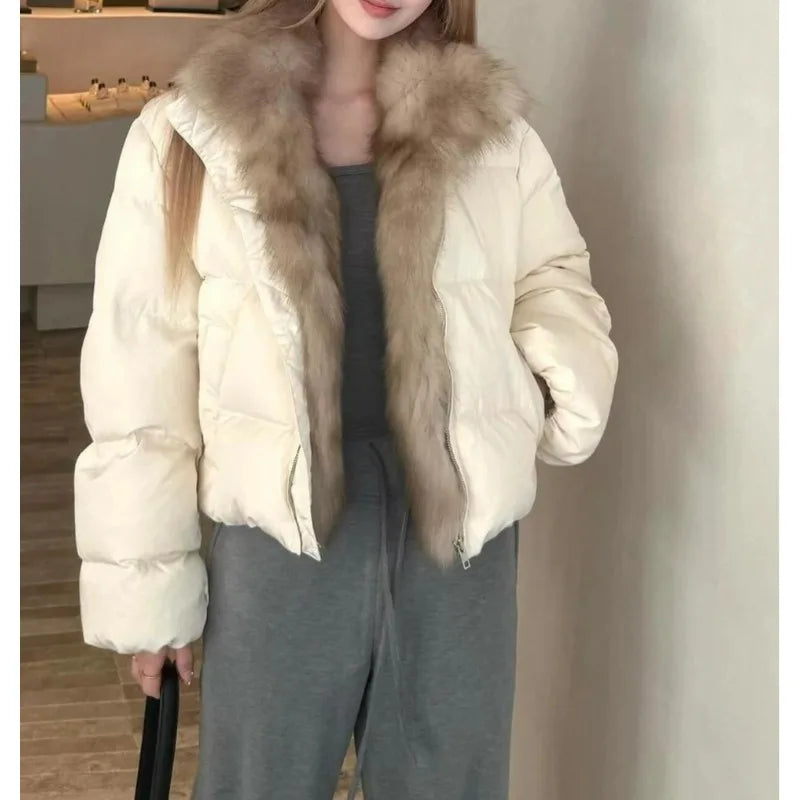 Short Puffer Jacket with Large Fur Collar for Women