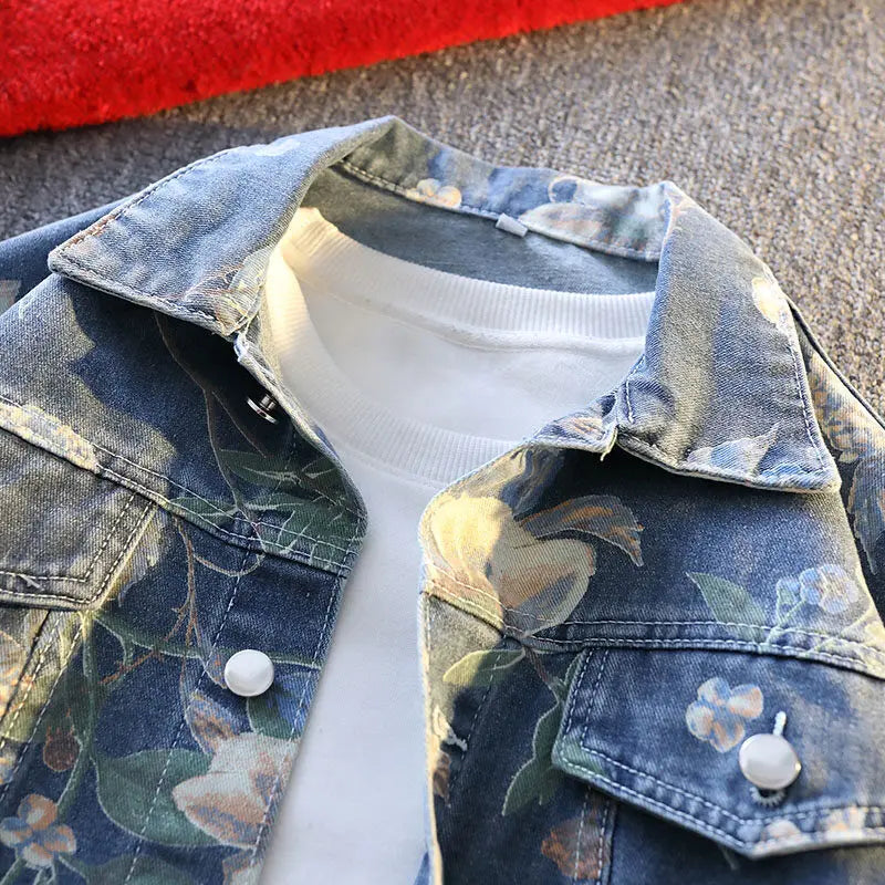 Mens Causal Oversized Cotton Casual Blue Denim print Jacket