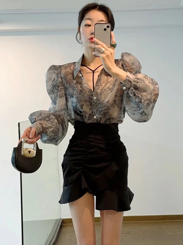 Floral Sweet Blouses for Women Loose Puff Sleeve Turn Down Collar Shirts