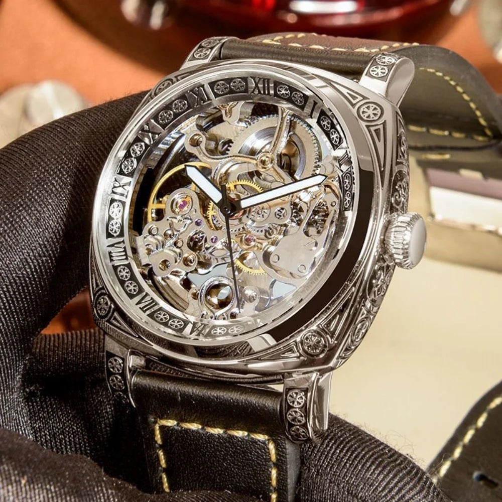 Men's Fully Automatic Mechanical Watch, Retro Carved Design with Fully Hollowed Out Back