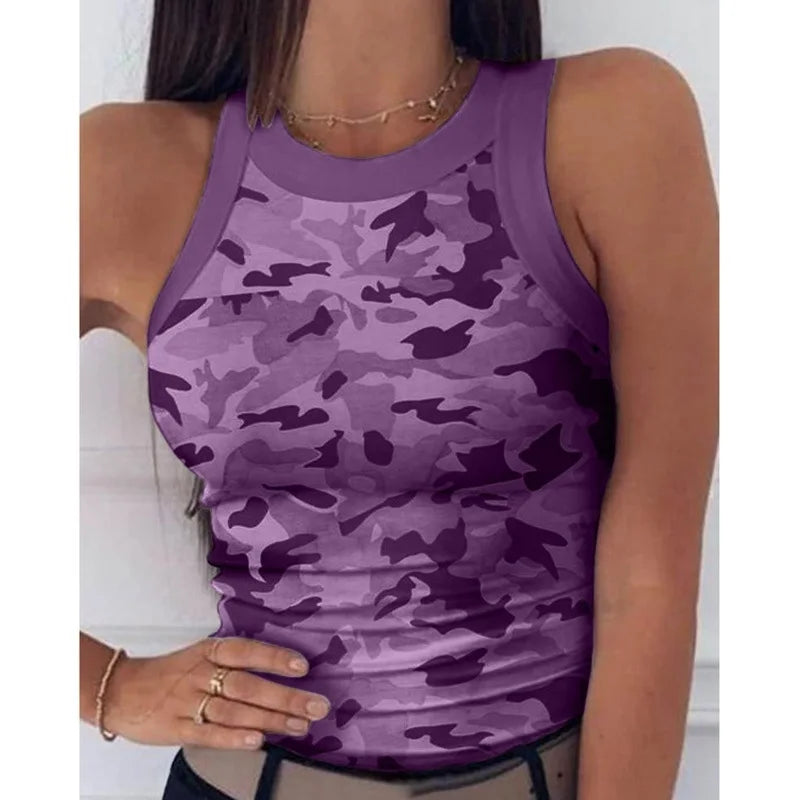 Women's  Tops Tanks Camis Digital printed round neck I-shaped vest