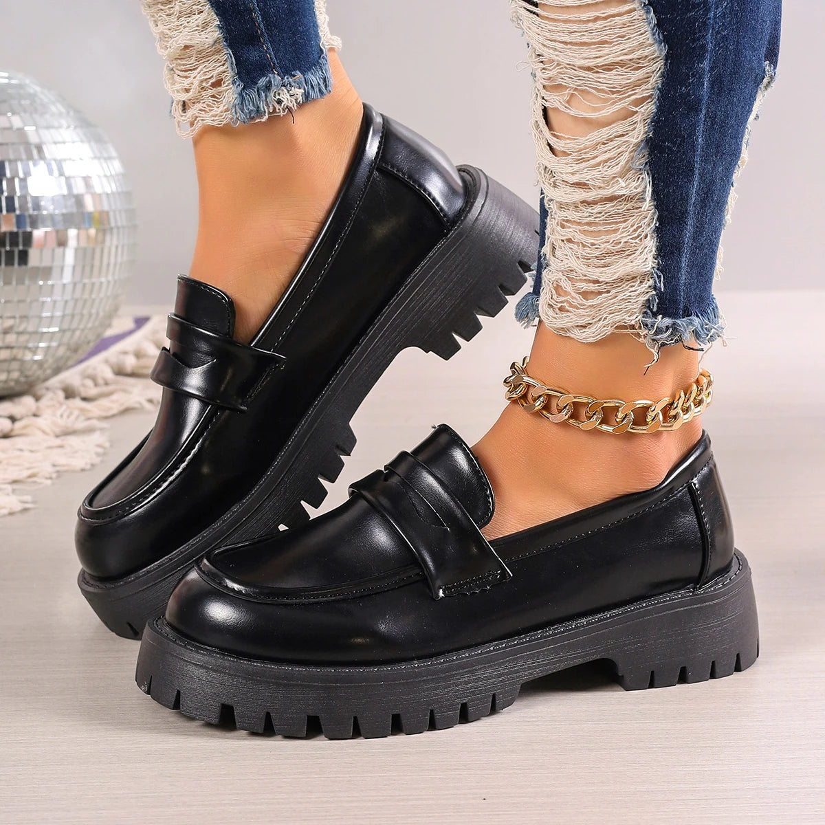 Casual Platform Loafers Leather Shoes for Women