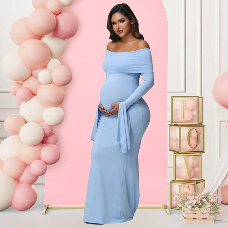 Women Maternity Off Shoulder Long Sleeve Bodycon Pregnancy  Gown