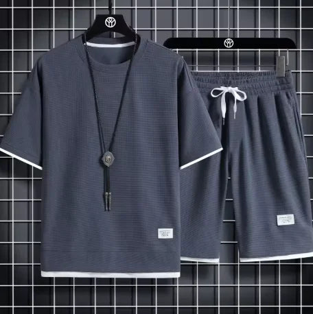 Men's Summer Waffle Set Brand Fashion Casual T-shirt