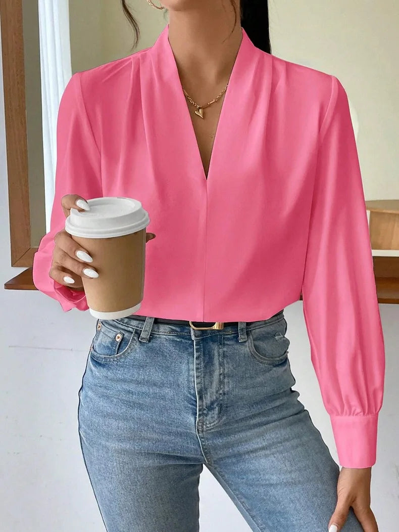 Women's Elegant Blouses Solid Color Long Sleeve V Neck Shirts