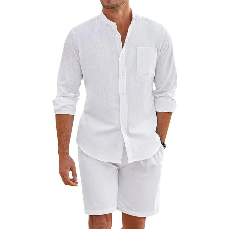 Summer Men's Casual Sets Breathable Cotton Linen Vintage Stand