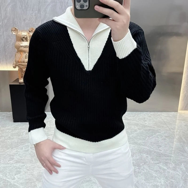 Black White r Business Casual Knitted Sweater Half Zipper Polo