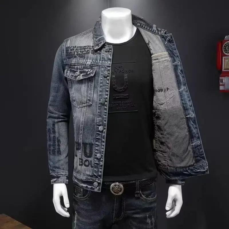 Men's denim jacket  casual lapel handsome motorcycle jacket