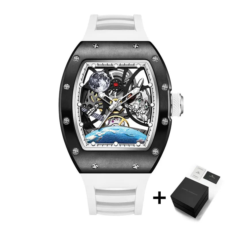 Men's Automatic Watches Tonneau Mechanical Clock Earth Dial Waterproof  Wrist Watch