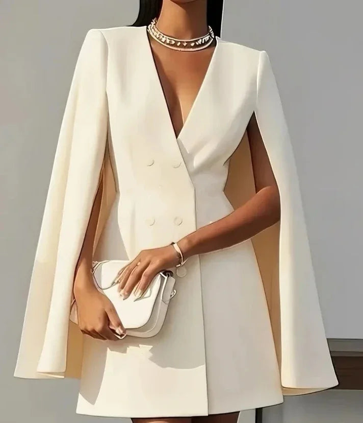 Double Breasted Shawl Cape Solid Color V-Neck Mini Dress