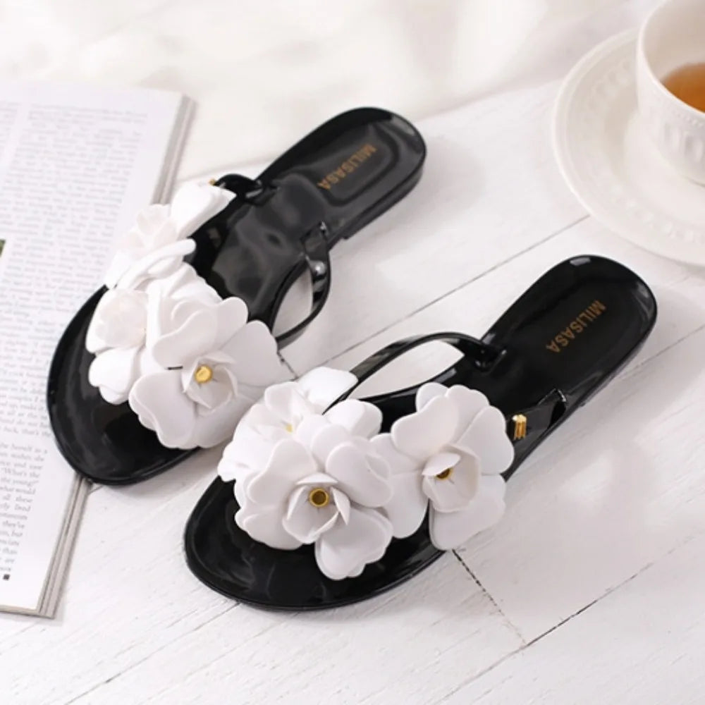 Flip Flops Women Summer Flower Flip Flop Sandals Flat Bottom Jelly Shoes