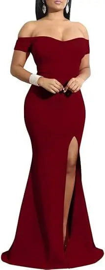 Women's Off Shoulder High Split Long Formal Party Dress