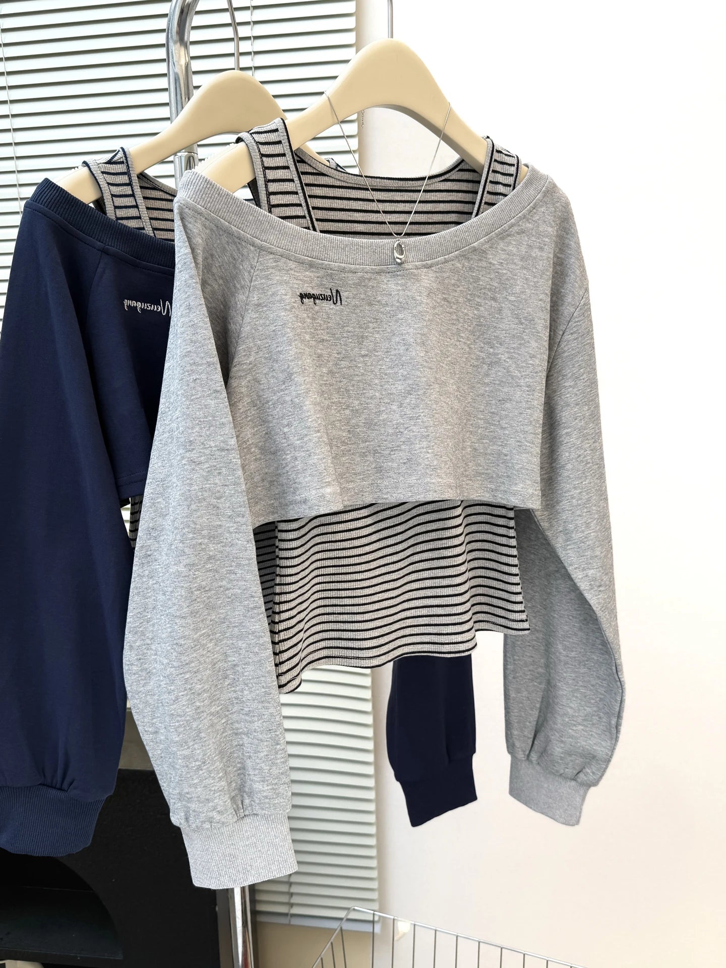 Womens Striped Sweatshirt Floral Gray Sloping Shoulder