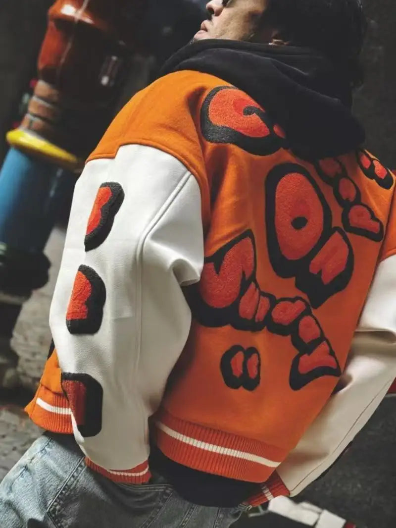 Embroidery Varsity Jacket Men PU Leather Sleeves Oversized Bomber Jackets
