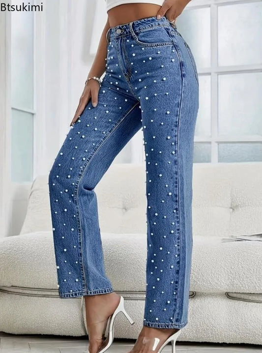 Women's Jeans Pants Beading High Waist Straight Pants