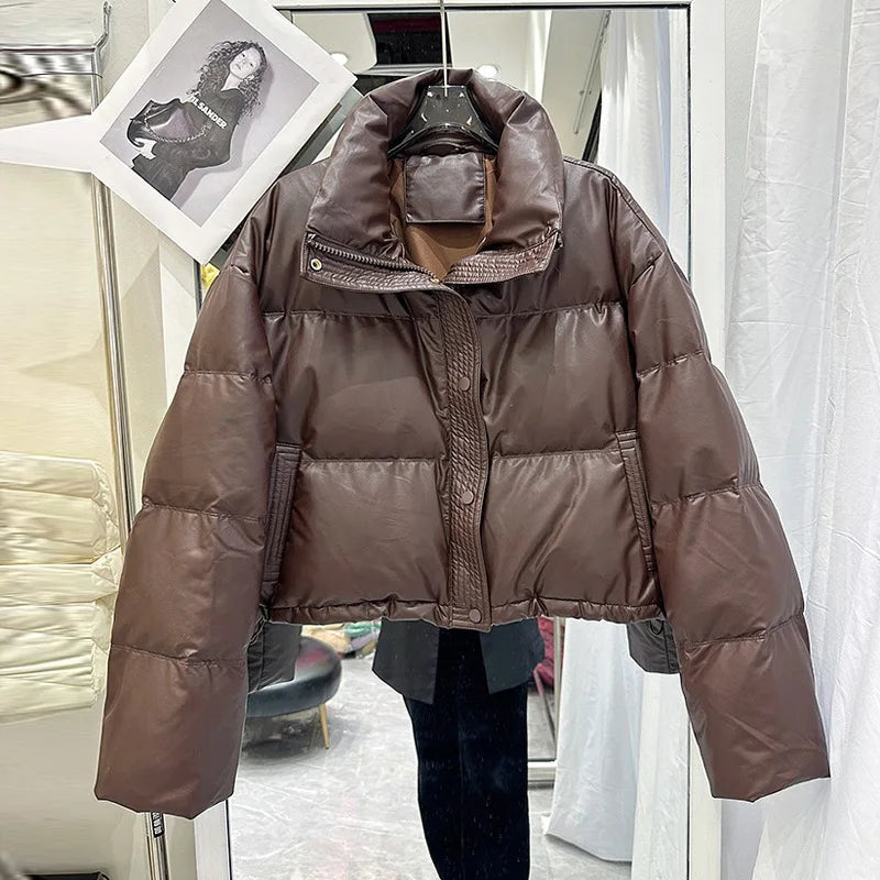 Pu Leather Down Cotton Jacket for Women