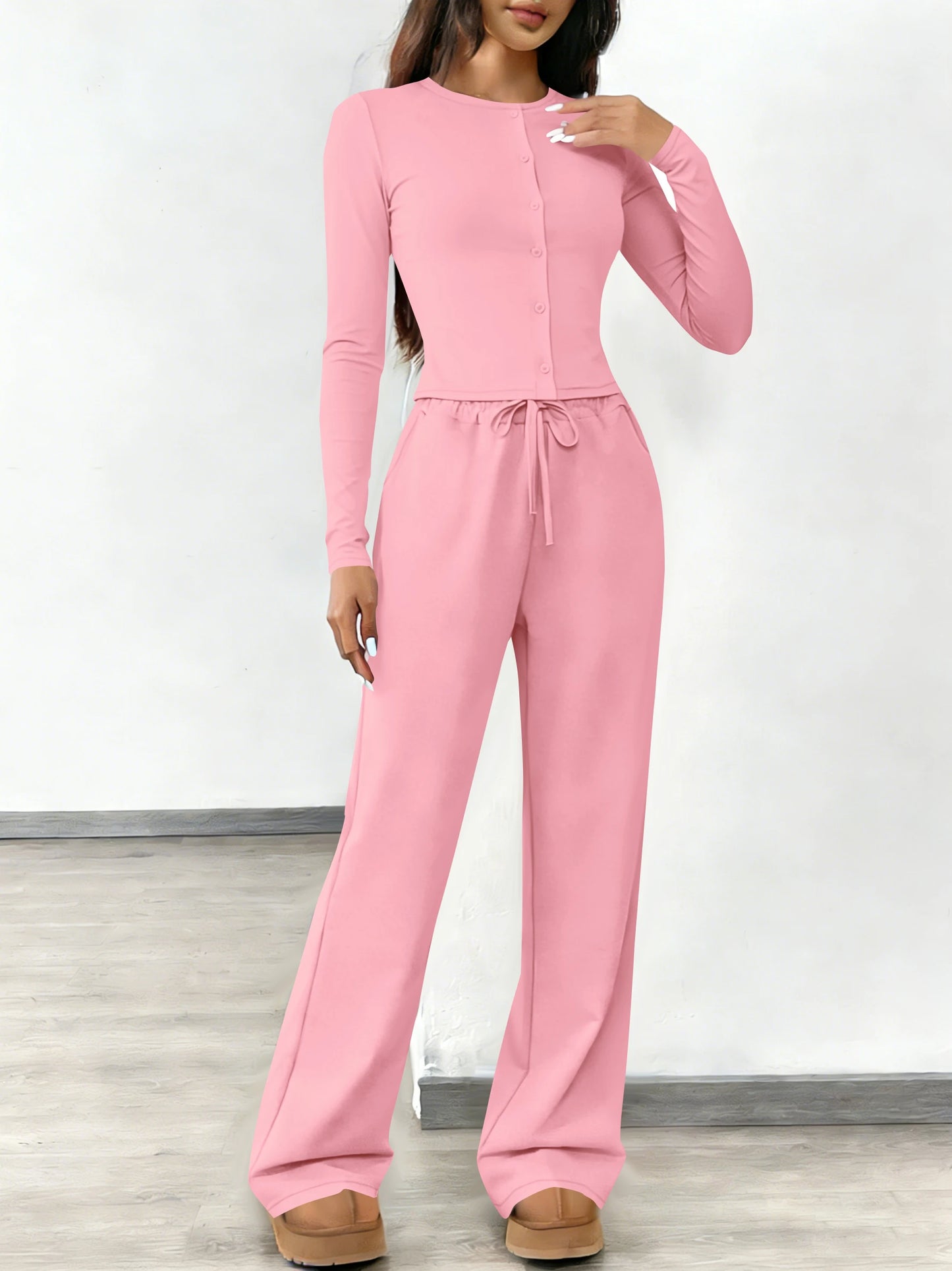 Women's fashionable two-piece set: round neck button-down long-sleeved top