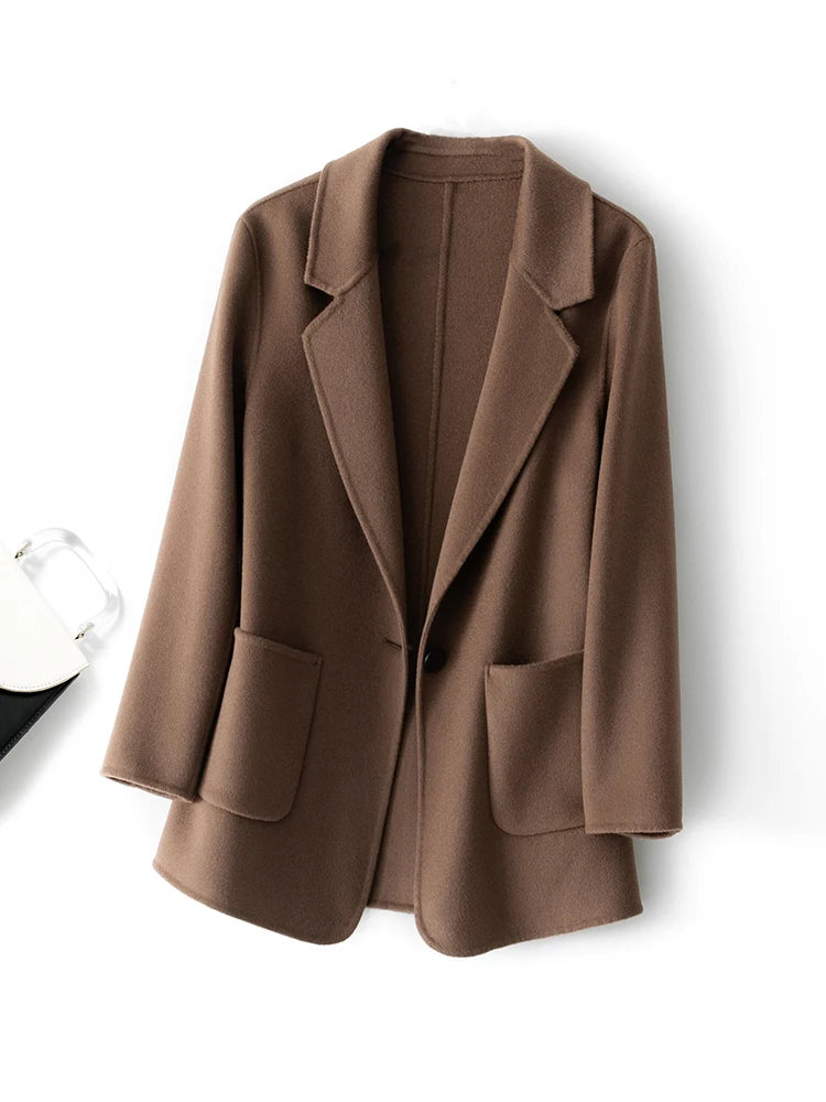 Pure Wool Plaids and Tweed Fashion Camel Women's Coat