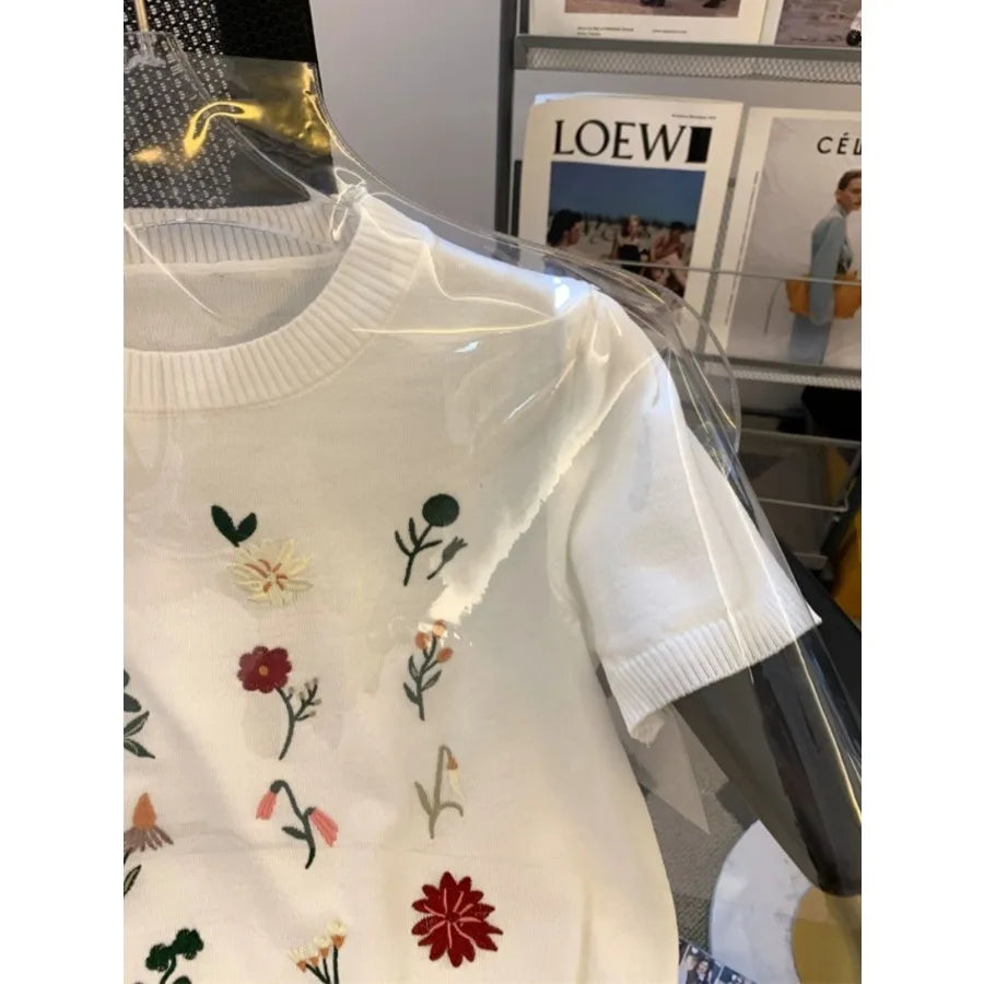 Knitted Tshirt Women Flower Embroidered  Slim Fit Crewneck Sweater