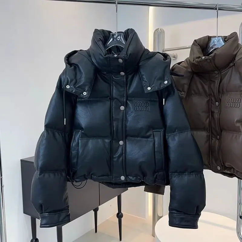 2025 Women's Pu Skin Down Cotton Jacket Versatile Hooded Lady Coat