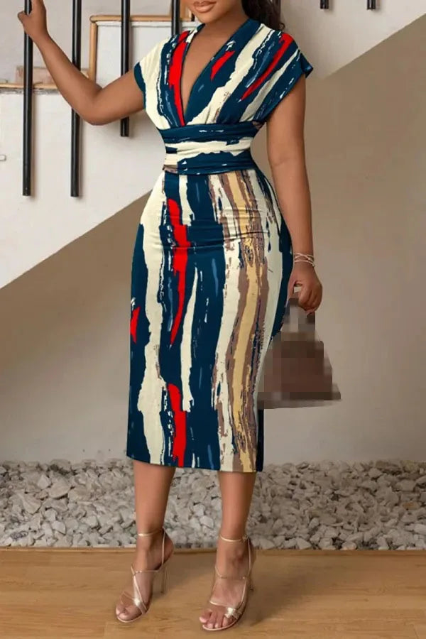 New V-neck Slim Hip-hugging Sexy Printed Women's Dress