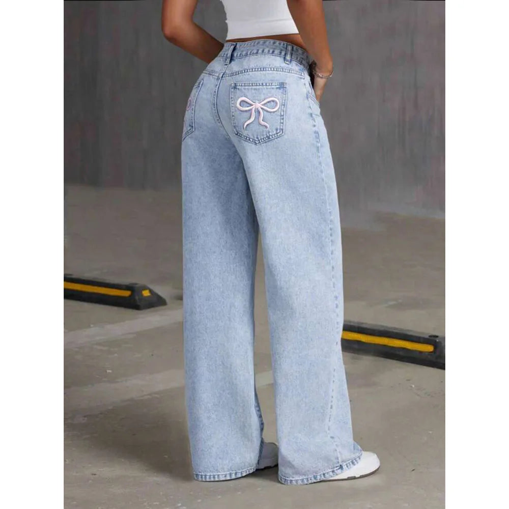 Embroidery High Waist Distressed Washed Denim