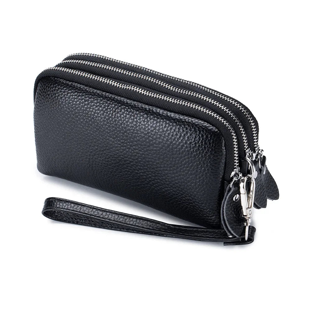 Women Long Wallet Genuine Leather 3-Layer Zipper Purse Bag