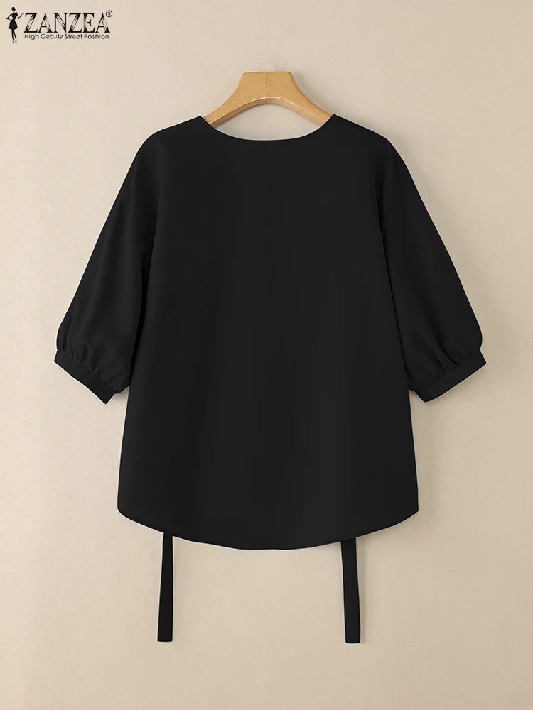 Women's High-Low White Blouses  O-Neck 3/4 Lantern Sleeve