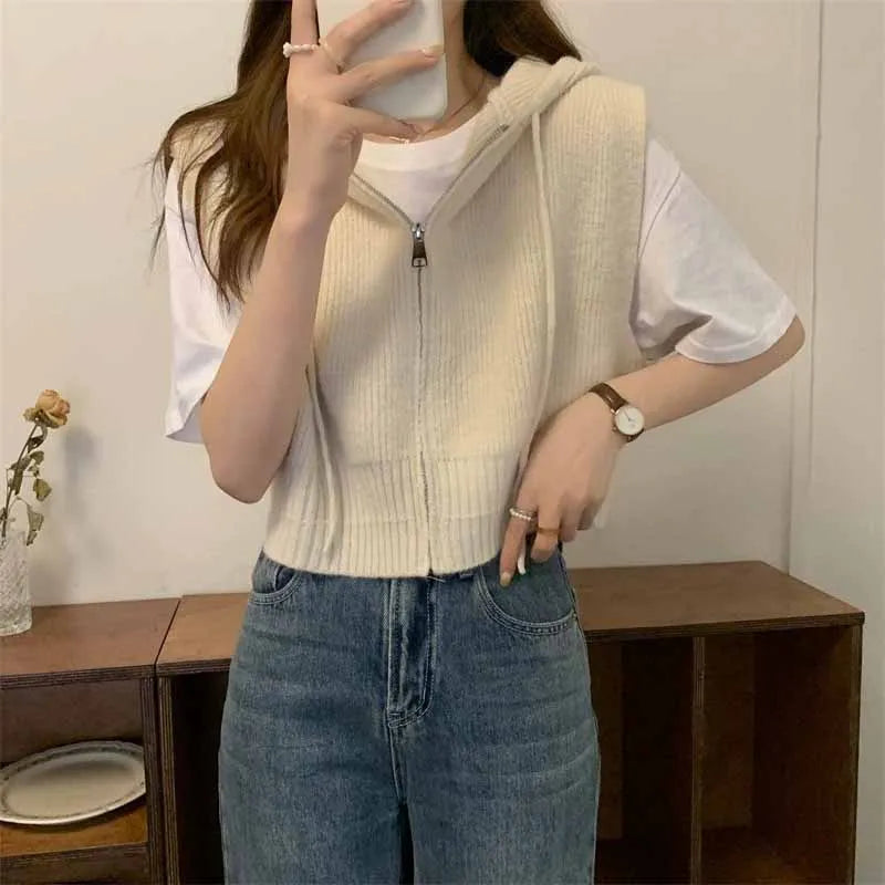 Women's Cropped Knitted Waistcoat All-Match Sleeveless Knitwear Tops