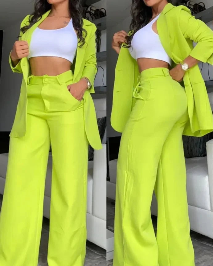 Women Two Piece Set  Single Breasted Tracksuit Outerwear Ankle Length Straight Pockets Set