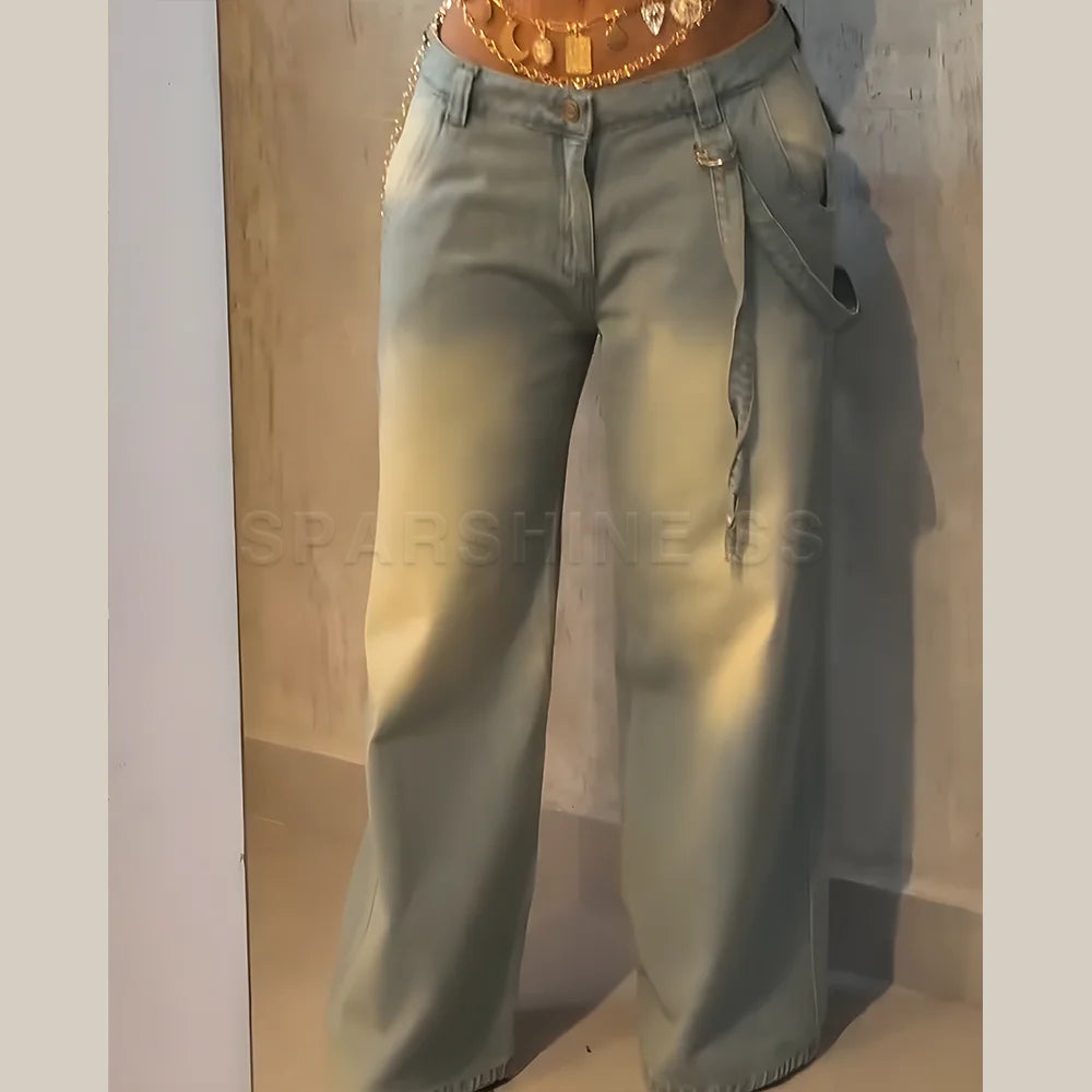 Jeans for Women Straight Pants Vintage Denims Washed Mid Waist Loose Fit Wide Leg Denim