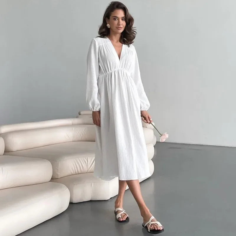 Muslin Long Sleeve V-neck Casual  Robes