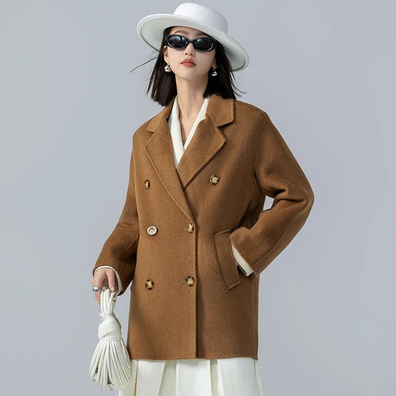 Mid-Length Women's  Camel  Double Breasted coat